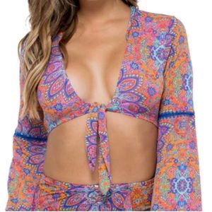 LuliFama Long Sleeve Tie Front Swim Top